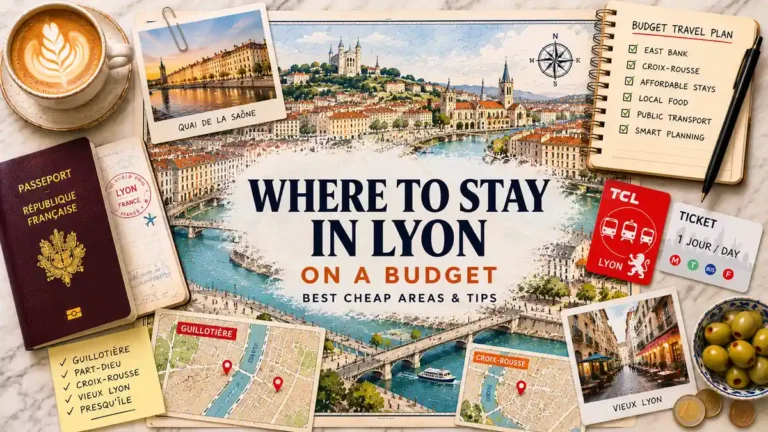 Overhead Lyon budget stay flat lay with an illustrated city map, passport, Guillotière and Croix-Rousse maps, transit cards, notebook, coins, coffee and olives.
