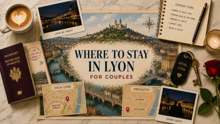 Overhead Lyon couples stay flat lay with an illustrated city map, passport, Vieux Lyon and Presqu'île maps, notebook, hotel key, coffee, candle and rose.