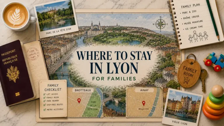 Overhead Lyon family stay flat lay with an illustrated city map, passport, Brotteaux and Ainay maps, family checklist, notebook, hotel key, toys and coffee.