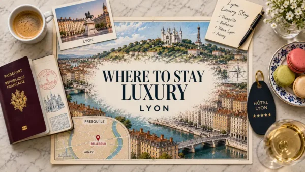 Overhead Lyon luxury stay flat lay with an illustrated city map, passport, Bellecour and Ainay inset map, notebook, hotel key tag, coffee, macarons and wine.