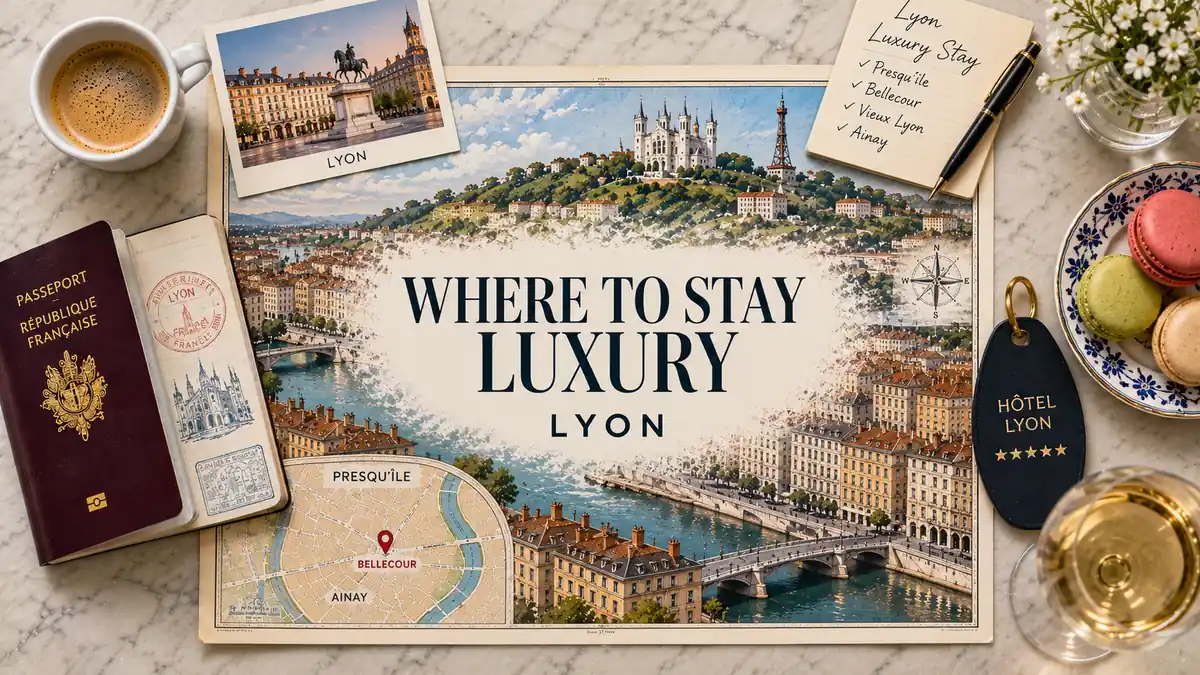 Where to Stay in Lyon for Luxury 2 Overhead Lyon luxury stay flat lay with an illustrated city map, passport, Bellecour and Ainay inset map, notebook, hotel key tag, coffee, macarons and wine.