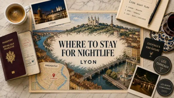 Overhead Lyon nightlife stay flat lay with an illustrated city map, passport, night plan, Presqu'île and Terreaux map, coffee and wine.