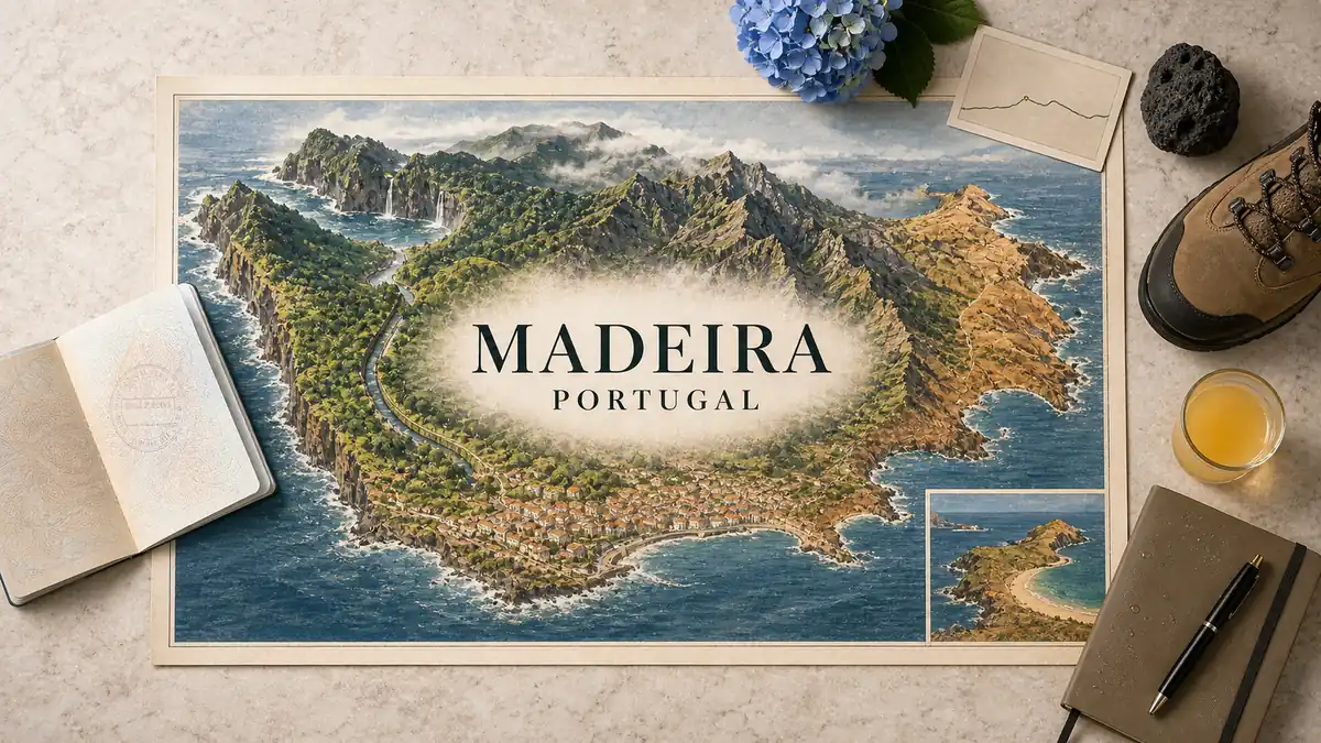 Travel to Madeira, Portugal: The First-Timer's Island Planner 2 Overhead Madeira travel flat lay with an illustrated volcanic island, mountain ridges, levada, cliffs, Funchal and Porto Santo.