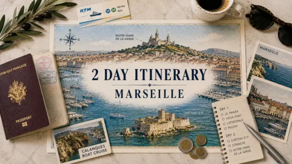 Top-down Marseille two-day itinerary flat lay with an illustrated harbor map, passport, transit card, coffee, postcards, notebook and coastal travel props.