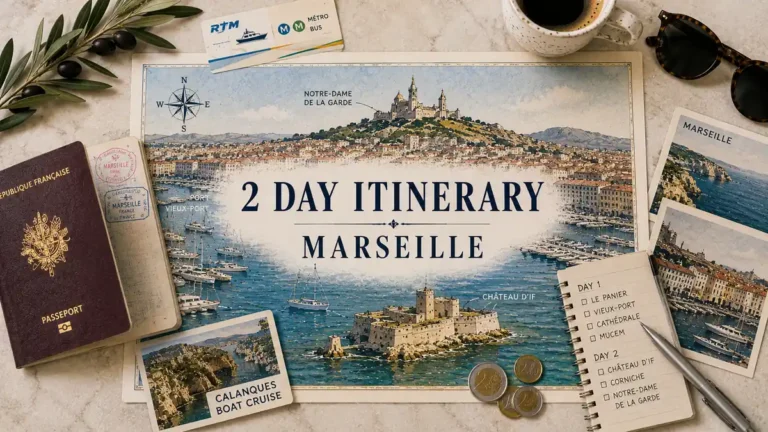 Marseille 2 Day Itinerary: A Realistic 48-Hour Route 3 Top-down Marseille two-day itinerary flat lay with an illustrated harbor map, passport, transit card, coffee, postcards, notebook and coastal travel props.