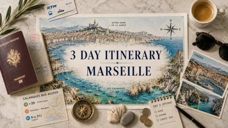 Marseille 3 Day Itinerary: City First, Calanques Last 4 Top-down Marseille itinerary flat lay with an illustrated Vieux-Port and Calanques map, passport, transit cards, coffee, postcards and coastal travel props.