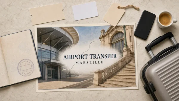 Overhead Marseille airport-transfer flat lay with an empty terminal entrance and Saint-Charles station stairs.