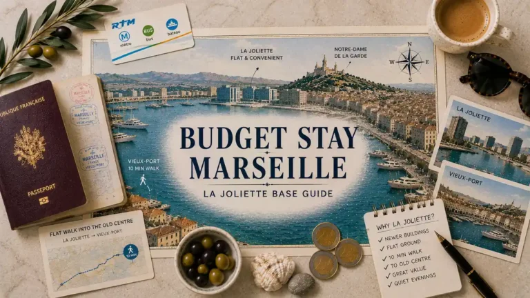 Top-down Marseille budget stay flat lay with a La Joliette harbor map, passport, transit card, coffee, postcards, coins, olives and planning notes.
