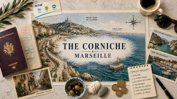 Corniche, Marseille: The Coast Road and the Village Behind It 12 Top-down Marseille Corniche flat lay with an illustrated seafront map, passport, transit card, coffee, coastal postcards, olives, shell, coins and planning notebook.