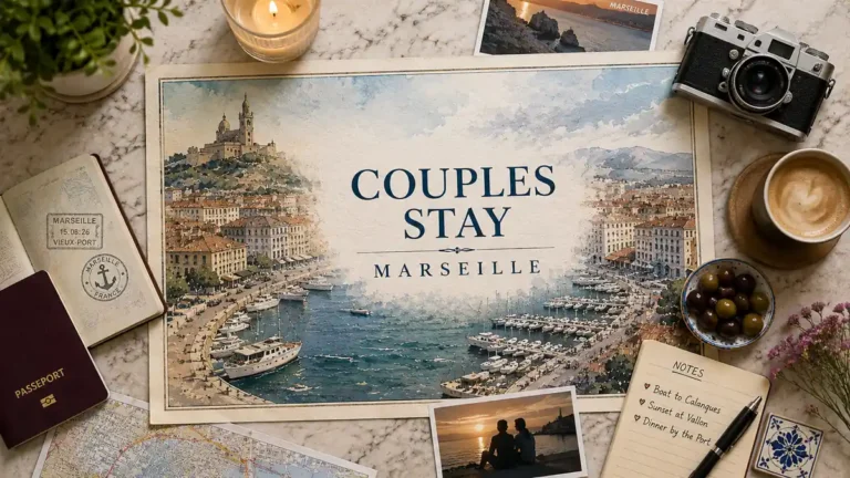 Where to Stay in Marseille for Couples: One Question Decides 7 Overhead Marseille travel flat lay with a Vieux-Port harbor poster labeled Couples Stay and Marseille.