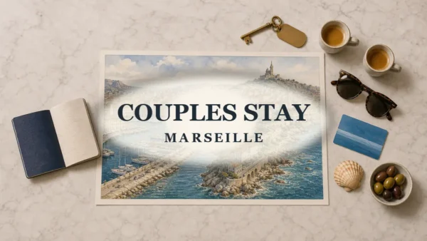 Overhead Marseille couples stay flat lay with an illustrated Vieux-Port and Corniche map, open passport, room key, two coffees, sunglasses, shell, olives, and transit card.