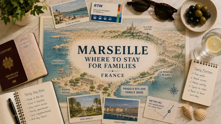 Overhead Marseille family stay flat lay with illustrated map, passport, family notes, metro card, beach postcard and shells.