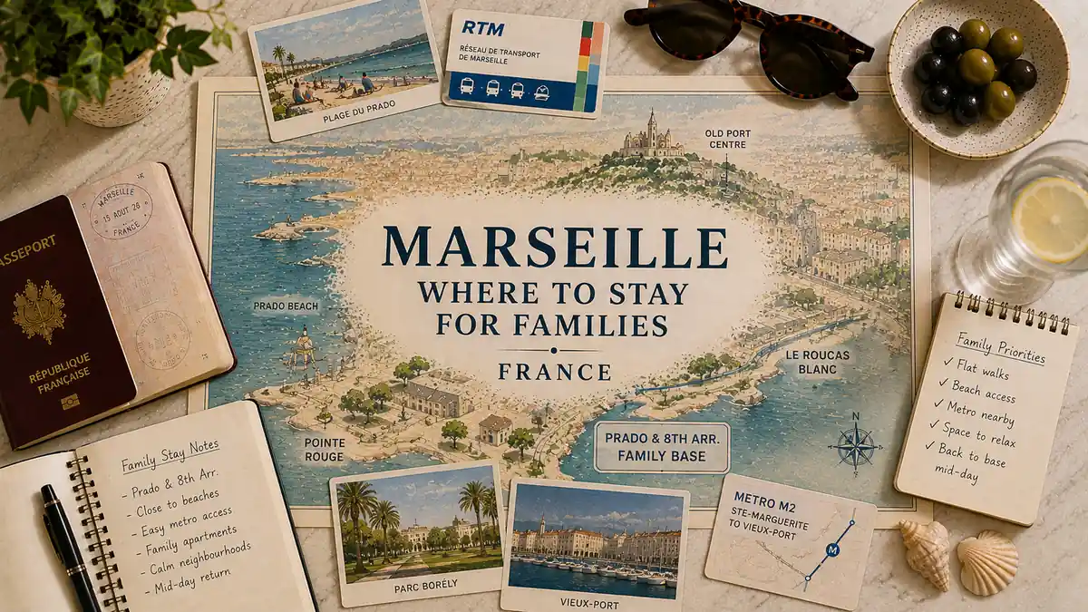 Where to Stay in Marseille with Kids: Prado and the 8th 2 Overhead Marseille family stay flat lay with illustrated map, passport, family notes, metro card, beach postcard and shells.