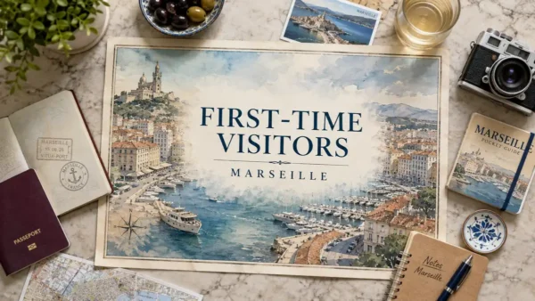 Overhead Marseille travel flat lay with a Vieux-Port illustrated map labeled First-Time Visitors and Marseille.