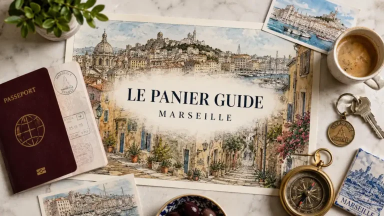 Flat-lay illustrated guide to Le Panier in Marseille with hillside lanes, harbor details, passport and travel props.