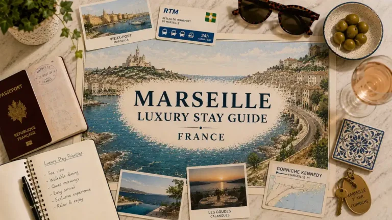 Overhead Marseille luxury stay flat lay with illustrated Corniche map, passport, stay notes, harbor card, olives and rosé.