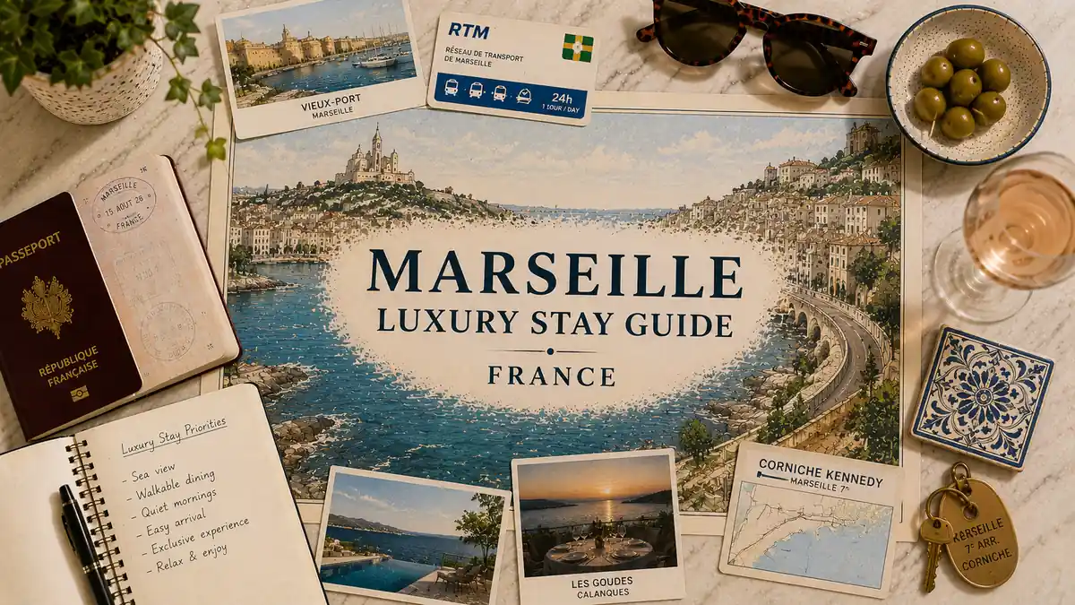 Where to Stay in Marseille for Luxury: The Sea-Facing Answer 2 Overhead Marseille luxury stay flat lay with illustrated Corniche map, passport, stay notes, harbor card, olives and rosé.