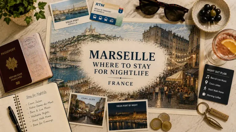 Where to Stay in Marseille for Nightlife: One Base That Works 5 Overhead Marseille nightlife flat lay with illustrated city map, passport, area notes, harbor cards, olives and evening drink.