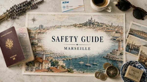 Top-down Marseille safety guide flat lay with an illustrated harbor map, passport, transit card, coffee and travel accessories.