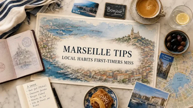Marseille travel flat lay with illustrated harbor map, passport, scarf, coffee, olives and local tips notebook.