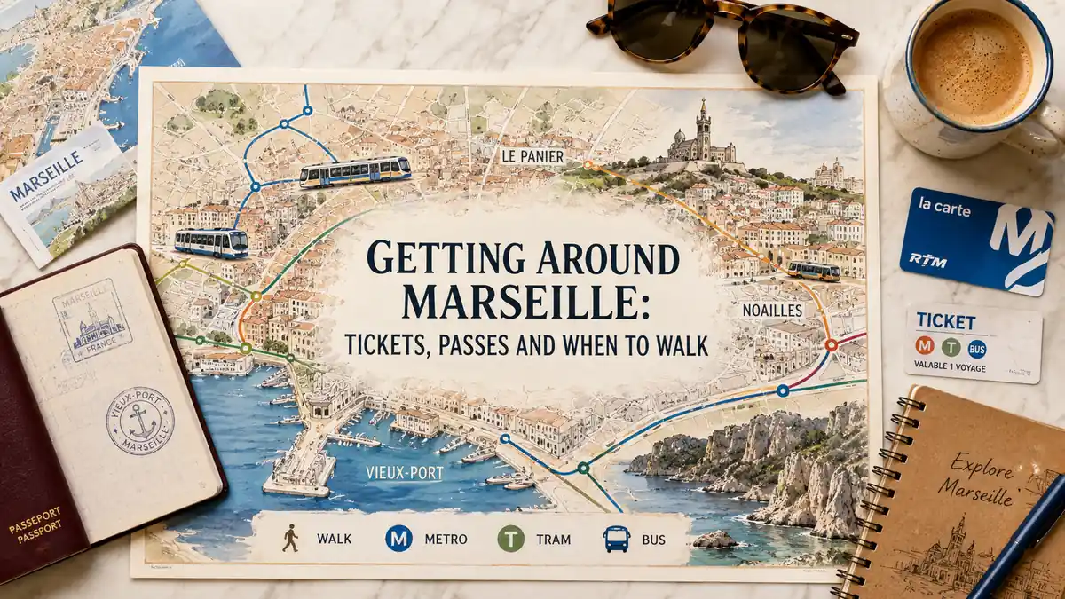 Getting Around Marseille: Tickets, Passes and When to Walk 2 Illustrated Marseille transport map with walking, metro, tram and bus routes, framed by a passport, ticket and travel-planning objects.