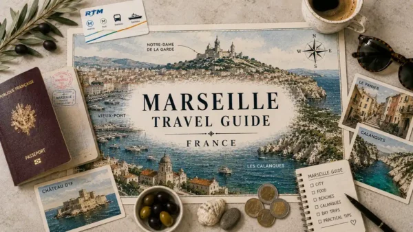Top-down Marseille travel guide flat lay with an illustrated city and Calanques map, passport, coffee, postcards, olives, coins and travel-planning notes.