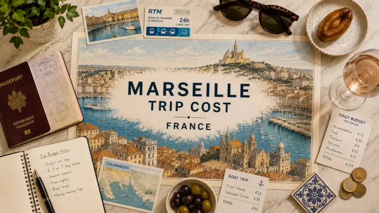 Marseille Trip Cost: What to Budget Per Day and Per Trip 5 Overhead Marseille budget flat lay with illustrated harbor map, passport, budget notes, boat-trip card, euro coins and rosé.