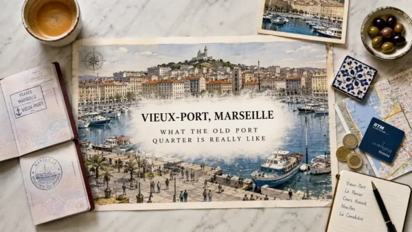 Flat-lay Marseille Vieux-Port guide with illustrated harbor, small boats, waterfront facades, passport, coffee and travel-planning objects.