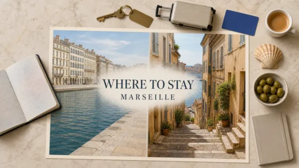 Overhead Marseille stay-comparison flat lay with an illustrated Vieux-Port waterfront and an empty stepped lane in Le Panier.