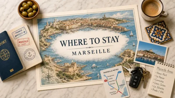 Overhead Marseille travel flat lay with an illustrated harbor map, passport, transit card, keys, coffee, olives and local accents