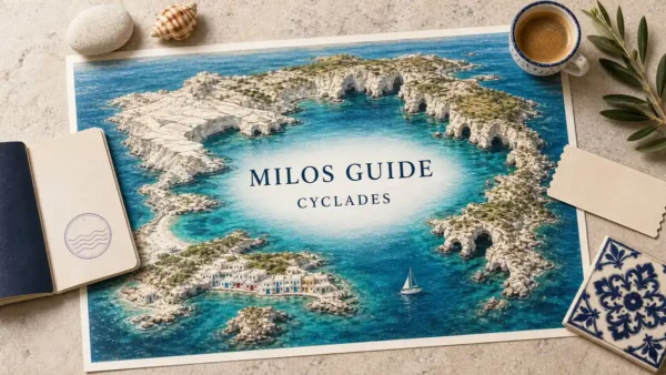 Travel to Milos, Greece: The Cyclades' Scenery Specialist 9 Milos travel guide flat lay with white volcanic cliffs, sea caves, blue coves and a colourful fishing village