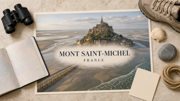 Overhead Mont Saint-Michel travel flat lay with an illustrated tidal bay, abbey and footbridge, framed by a passport, binoculars, walking shoe, shell, pebble and rope.
