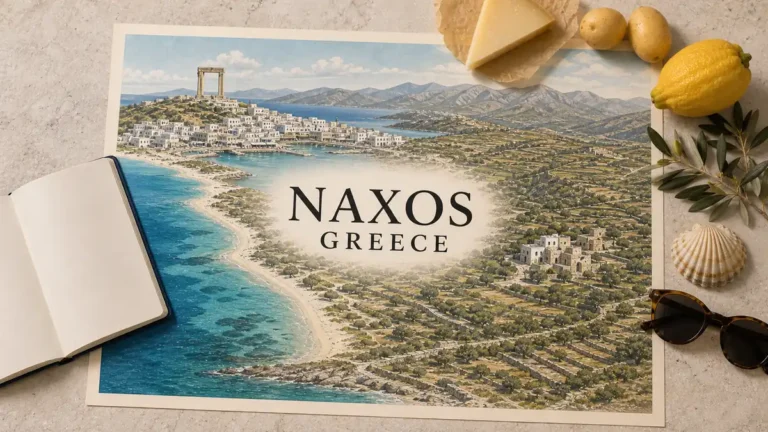 Travel to Naxos, Greece: The Cyclades' Best All-Rounder 1 Naxos travel flat lay with the Portara, Chora, shallow west-coast beaches and mountain villages