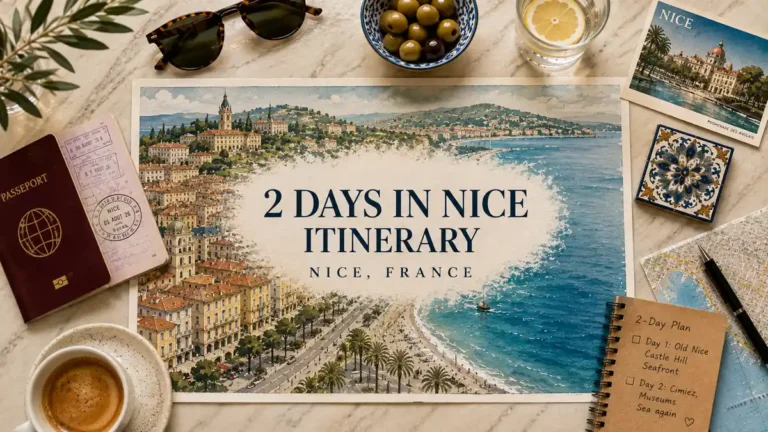 Nice, France 2-day itinerary map with passport, coffee, postcard, city map, olives and a two-day plan for Old Nice, Castle Hill and Cimiez.