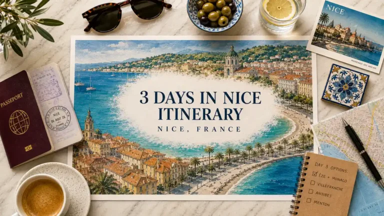 Nice, France itinerary map with passport, coffee, postcard, city map, olives and a Day 3 checklist for Èze and Monaco.