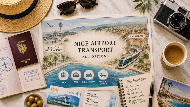 Nice Airport Transport: The Best Way into the City Centre 6 Overhead Nice airport transport map with tram route and travel-planning objects.