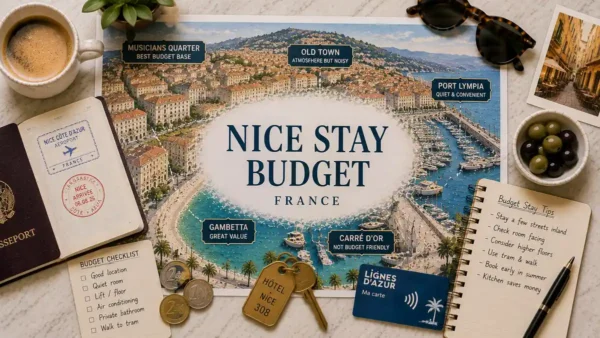 Top-down Nice budget stay planner with city map, passport, coins, hotel key, transit card and budget notes.
