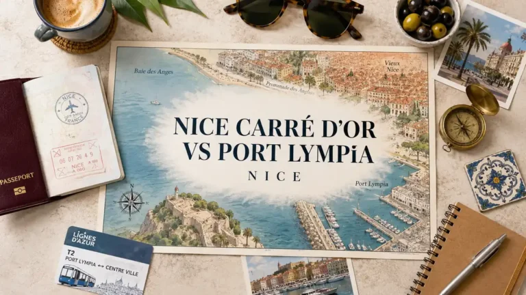 Carré d'Or vs Port: Where to Stay in Nice 7 Overhead Nice comparison map showing Carré d'Or and Port Lympia with travel-planning objects.