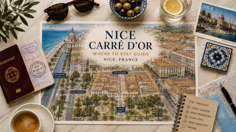 Carré d'Or Nice: Book the Street, Not the District 8 Nice Carré d'Or map with passport, coffee, postcard, city map, olives, sunglasses and a stay checklist.