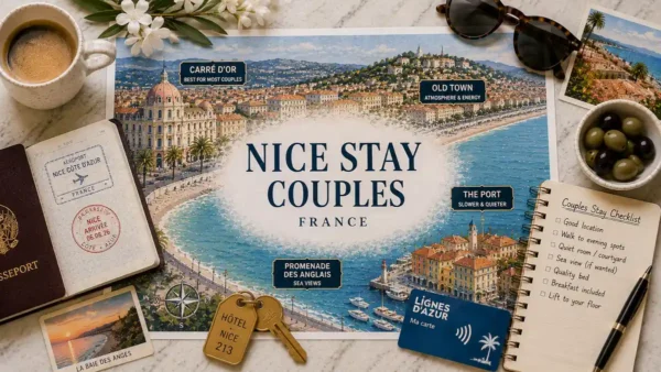 Top-down Nice couples stay planner with coastal map, passport, hotel key, transit card and romantic trip checklist.