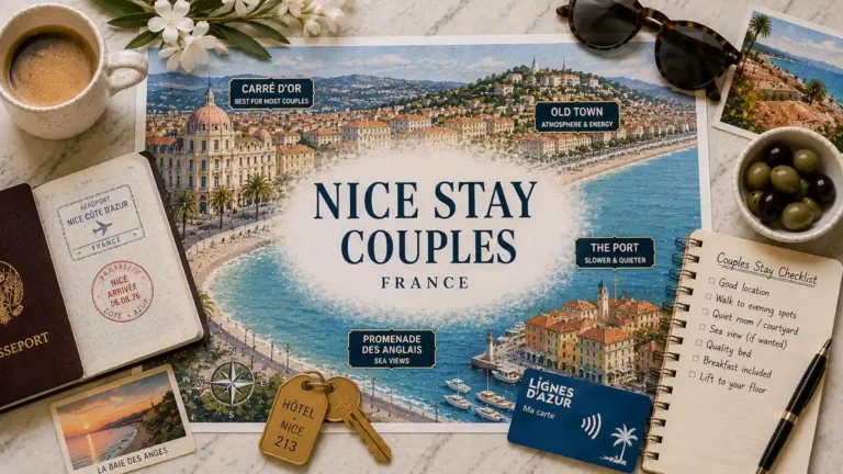Where to Stay in Nice for Couples 2 Top-down Nice couples stay planner with coastal map, passport, hotel key, transit card and romantic trip checklist.
