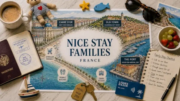 Top-down Nice family stay planner with city map, passport, hotel key, transit card and family checklist.