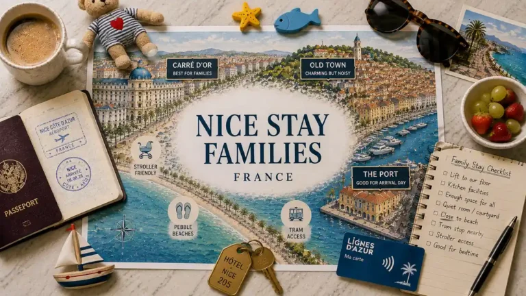 Top-down Nice family stay planner with city map, passport, hotel key, transit card and family checklist.
