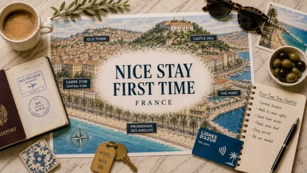 Top-down Nice first-time stay planner with city map, passport, hotel key, transit card and neighborhood notes.