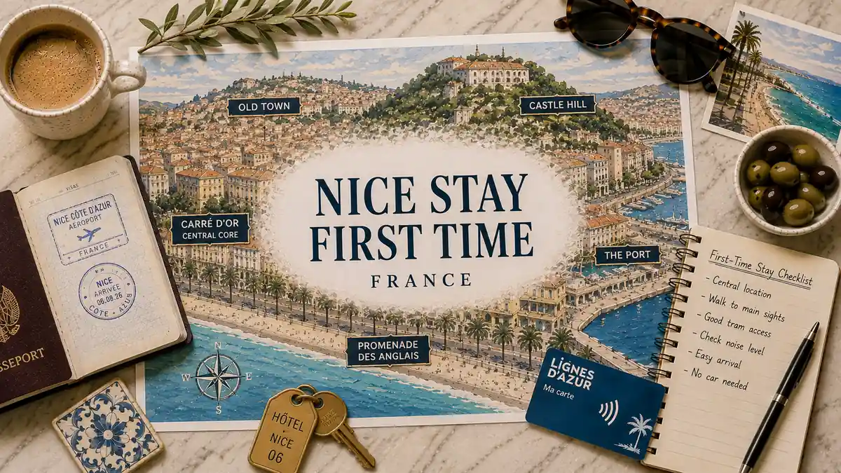Where to Stay in Nice for First-Time Visitors: The Verdict 2 Top-down Nice first-time stay planner with city map, passport, hotel key, transit card and neighborhood notes.