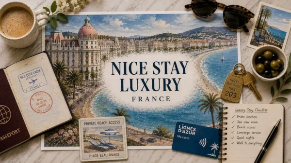 Top-down Nice luxury stay planner with seafront map, passport, coffee, sunglasses, hotel key and accommodation checklist.