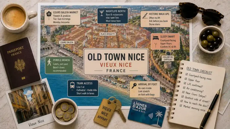Top-down Old Town Nice stay planner with Vieux Nice map, passport, apartment key, transit card and booking checklist.