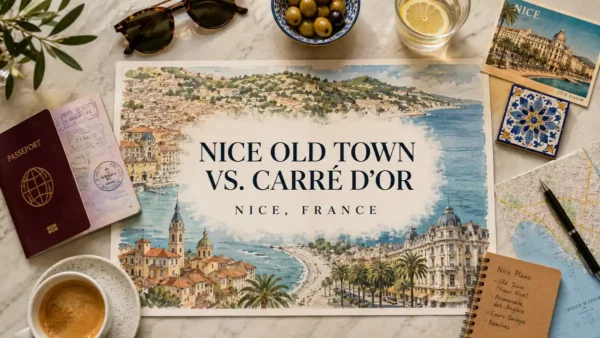 Nice, France comparison map for Old Town and Carré d'Or with passport, sunglasses, olives, postcard, notebook and coffee.