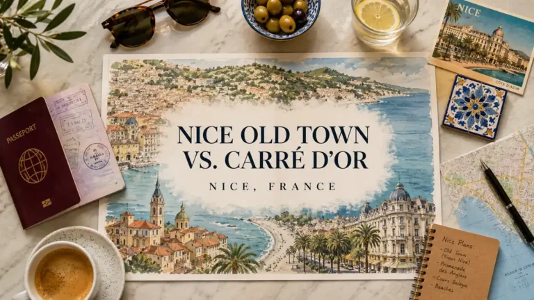 Nice, France comparison map for Old Town and Carré d'Or with passport, sunglasses, olives, postcard, notebook and coffee.