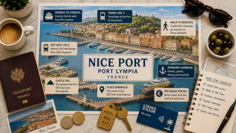 Top-down Nice Port stay planner with Port Lympia harbor map, passport, hotel key, transit card and checklist.